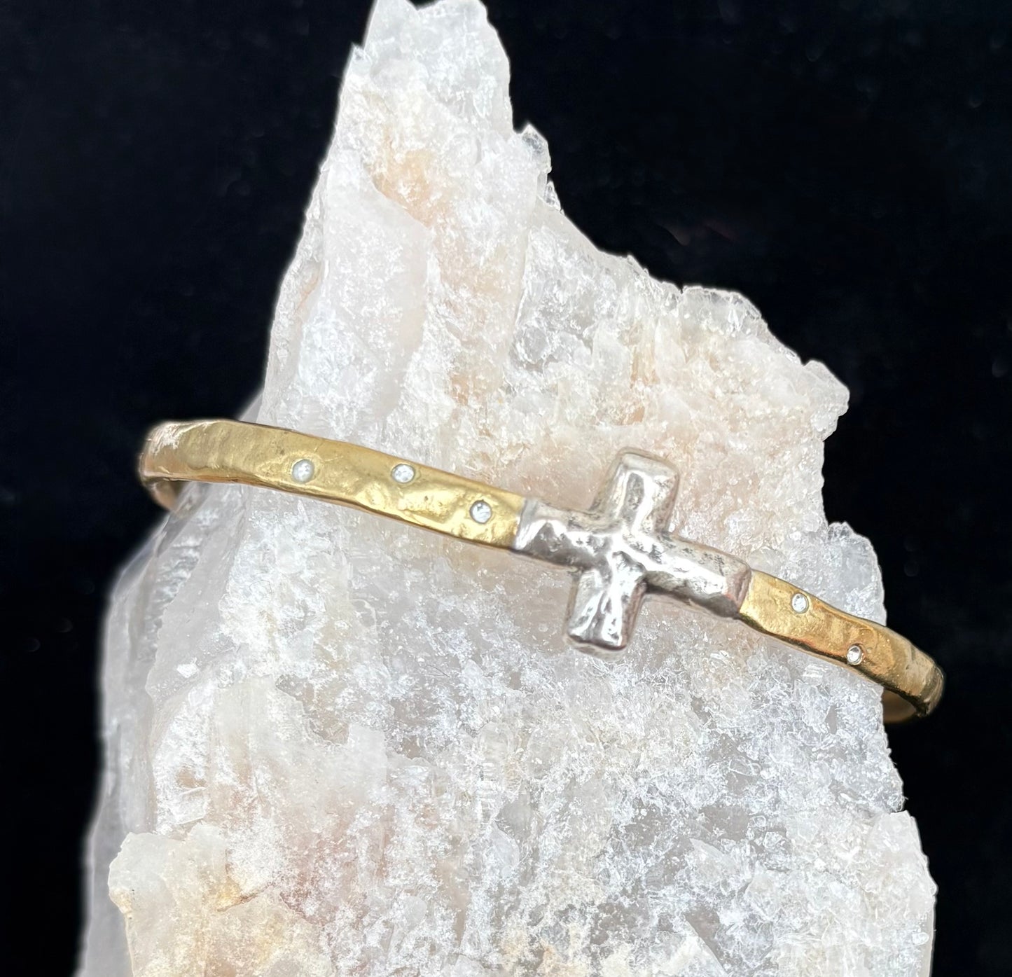Gold bracelet with a silver cross and crystal background. Large size. Made by Waxing Poetic.