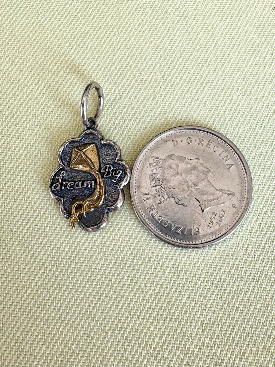 Waxing Poetic Dream Big charm pendant next to a coin on a textured green surface