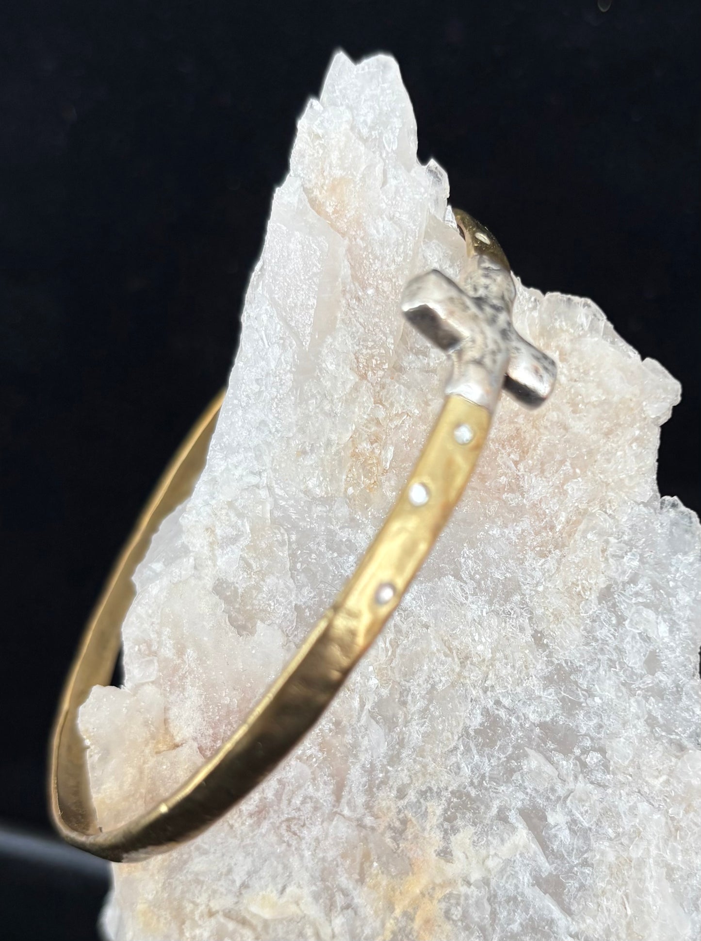 Gold bracelet with a silver cross and crystal background. Large size. Made by Waxing Poetic.