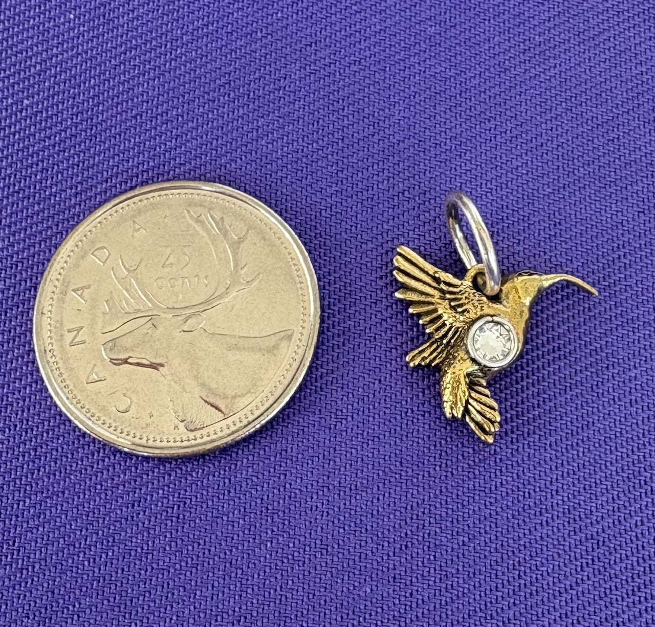 Sterling silver hummingbird charm pendant next to a Canadian coin on a blue textured background