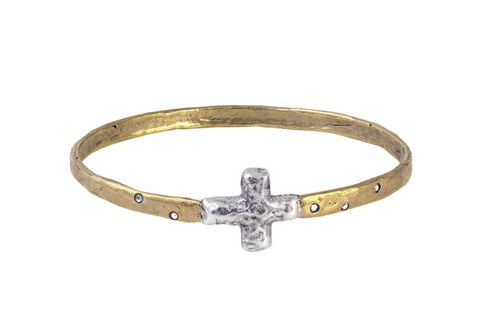 Gold bracelet with a silver cross and crystal background. Large size. Waxing Poetic.