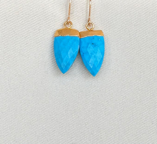 Turquoise earrings with gold accents on a light gray background