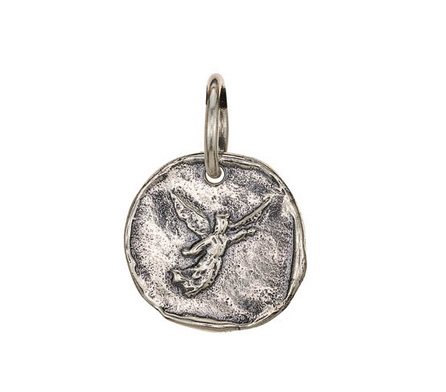 Silver pendant with a detailed design of an angel on a white background