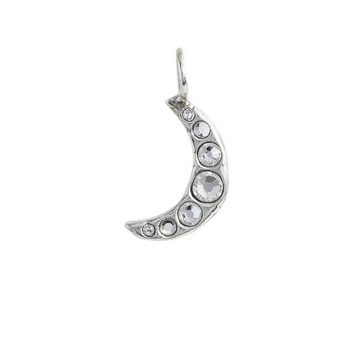 Silver crescent moon pendant with embedded crystals on a white background