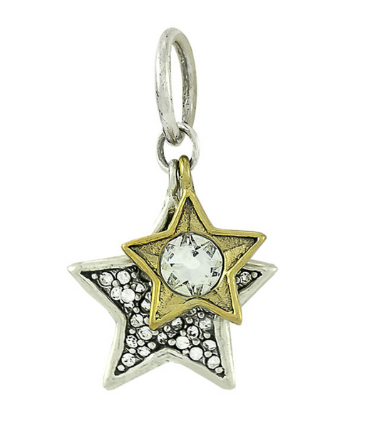 Star-shaped pendant charm with a central gemstone and gold accents on a white background