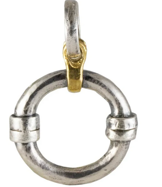 Silver and gold ring-shaped charm holder on a white background