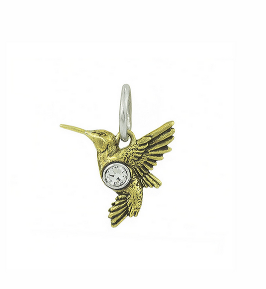 Gold hummingbird charm with a small round gem on a white background
