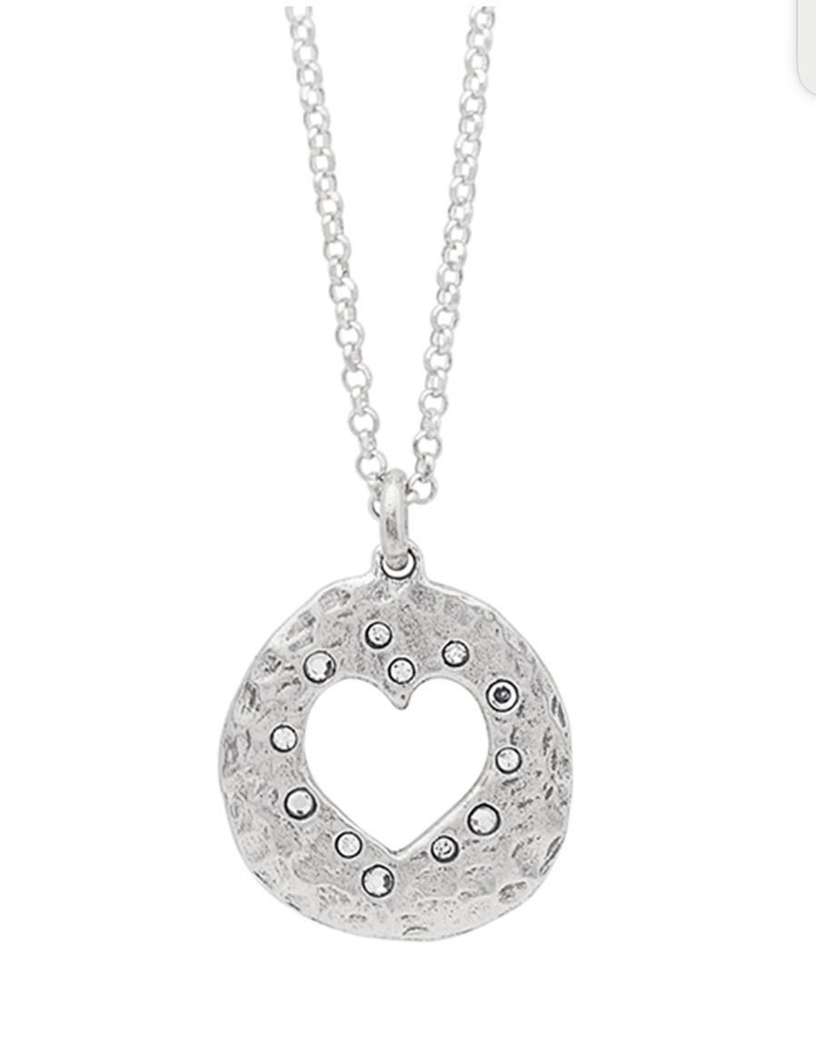 Silver necklace with a heart-shaped pendant on a white background
