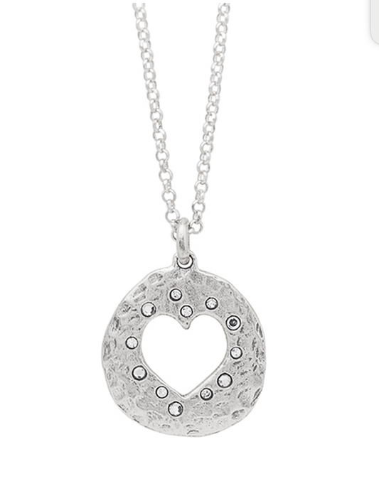 Silver necklace with a heart-shaped pendant on a white background