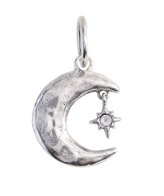 Silver moon and star pendant on a white background